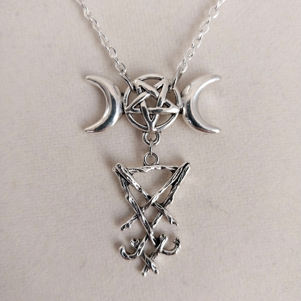 Goth silver Sigil of Lucifer inverted pentagram pentacle handmade necklace